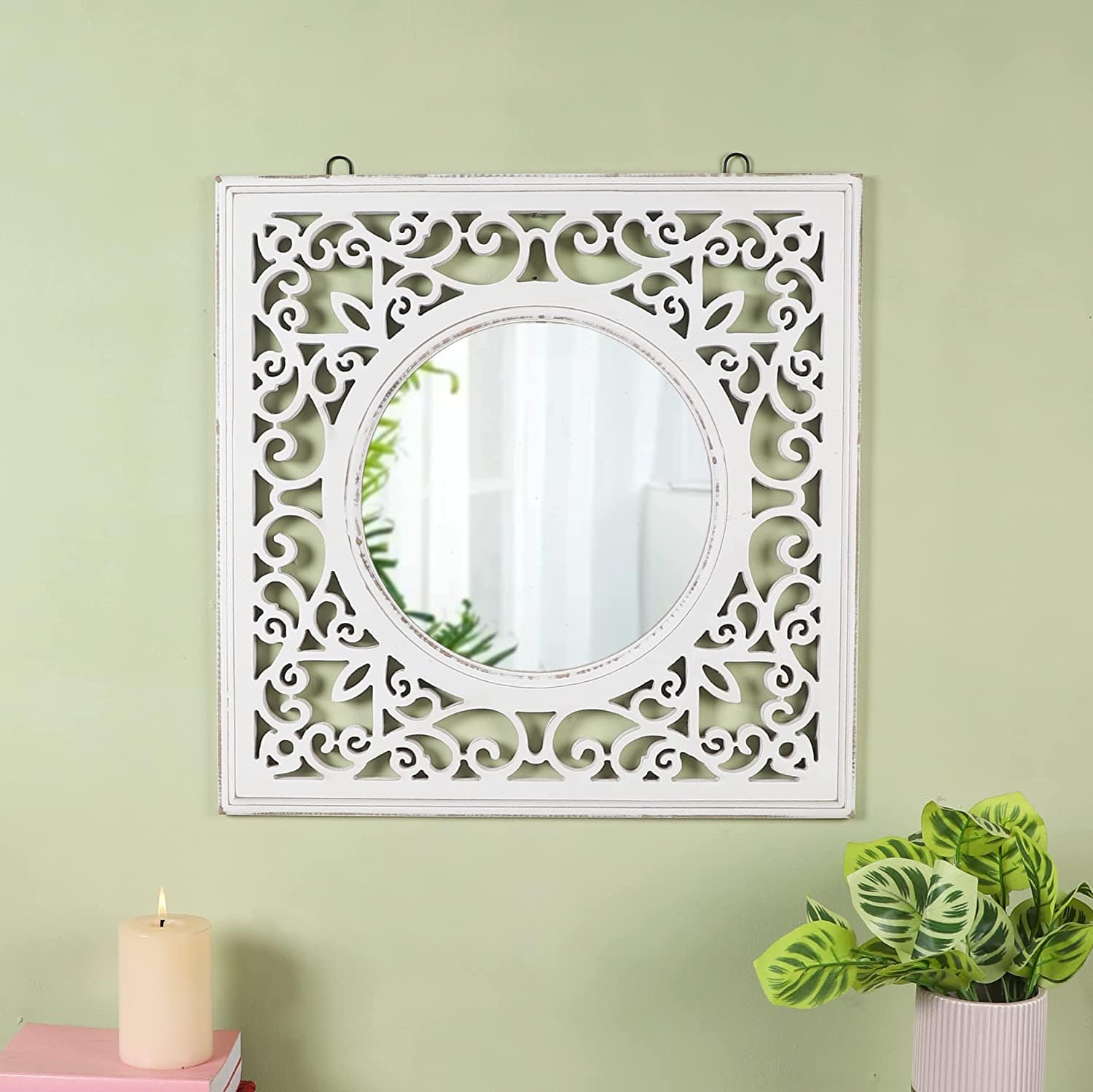 Decorative Wall Mirror for Bathroom, Living Room, White, AHMR72, 50 cm x 50 cm x 2 cm