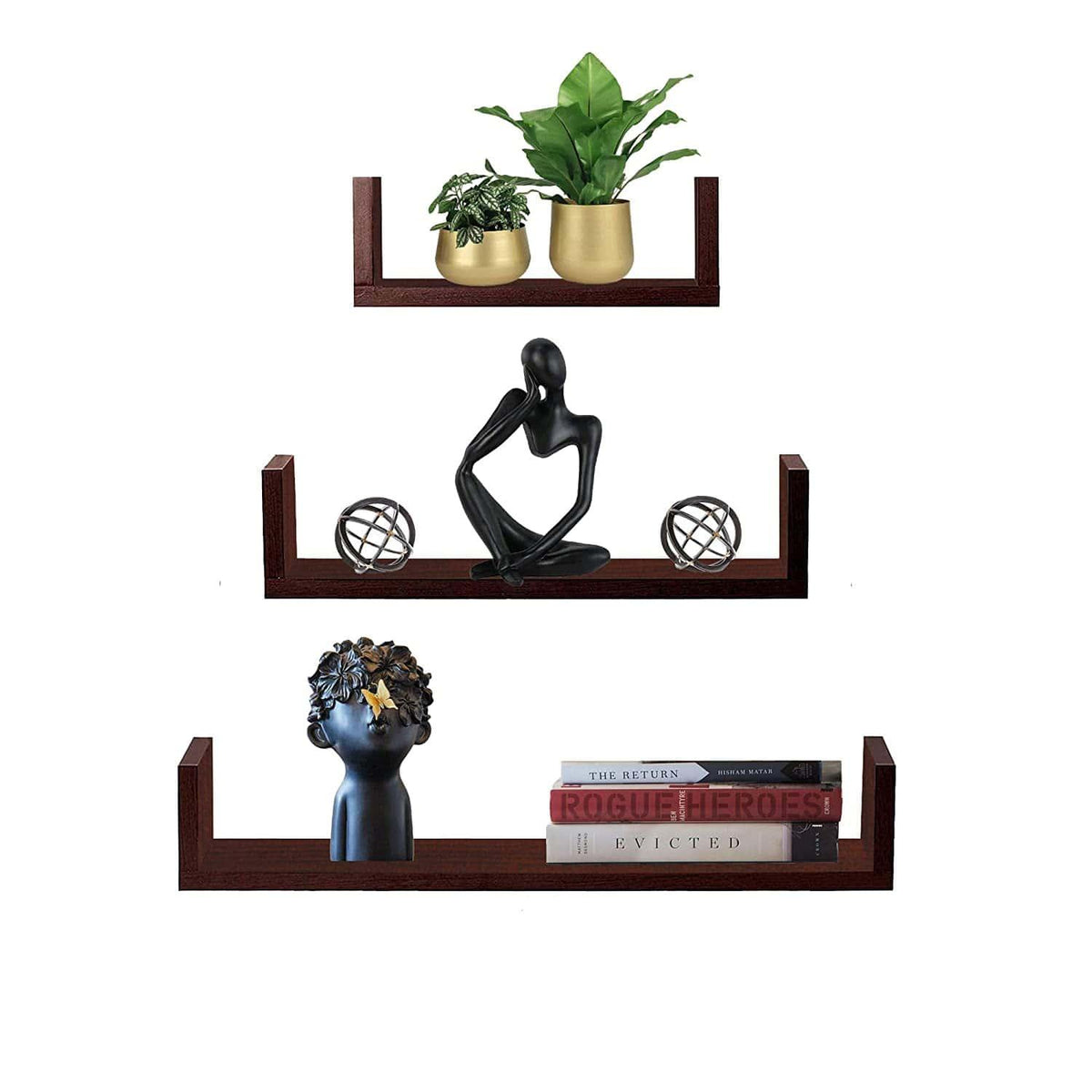 71uLCK7hzcL._SL1500.jpg U Shaped Wall Shelf For Living Room Stylish | Wooden Floating Wall Shelves | Storage Racks Organizer and Book Shelves (Set of 3, Mahogany Finish) - Image 1