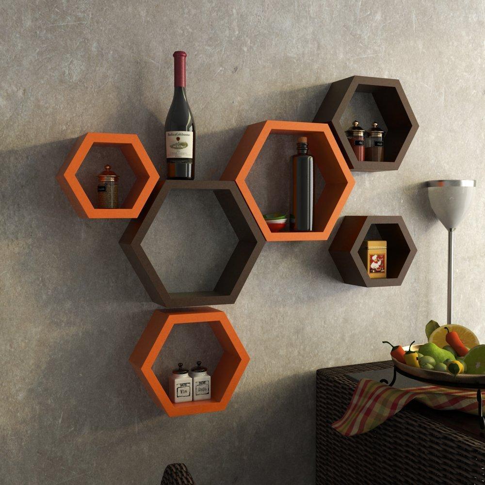 Fancy 6 Pcs Hexagonal Wooden Wall Shelf Home decoration