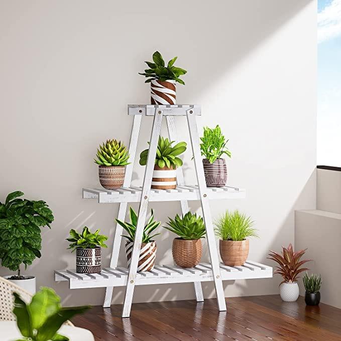 triangle plant stand indoor Goretti Triangular Multi-Tiered Mahogany Plant Stand