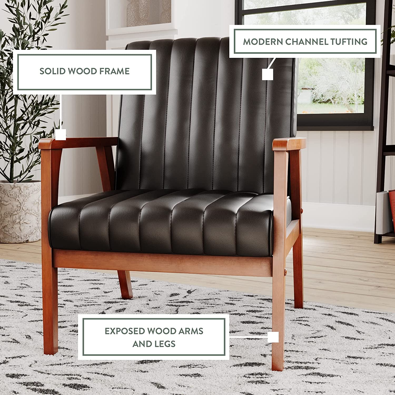 Wooden Arm Accent Chair for Living Room-Real Wood-Modern Channeled Tufting