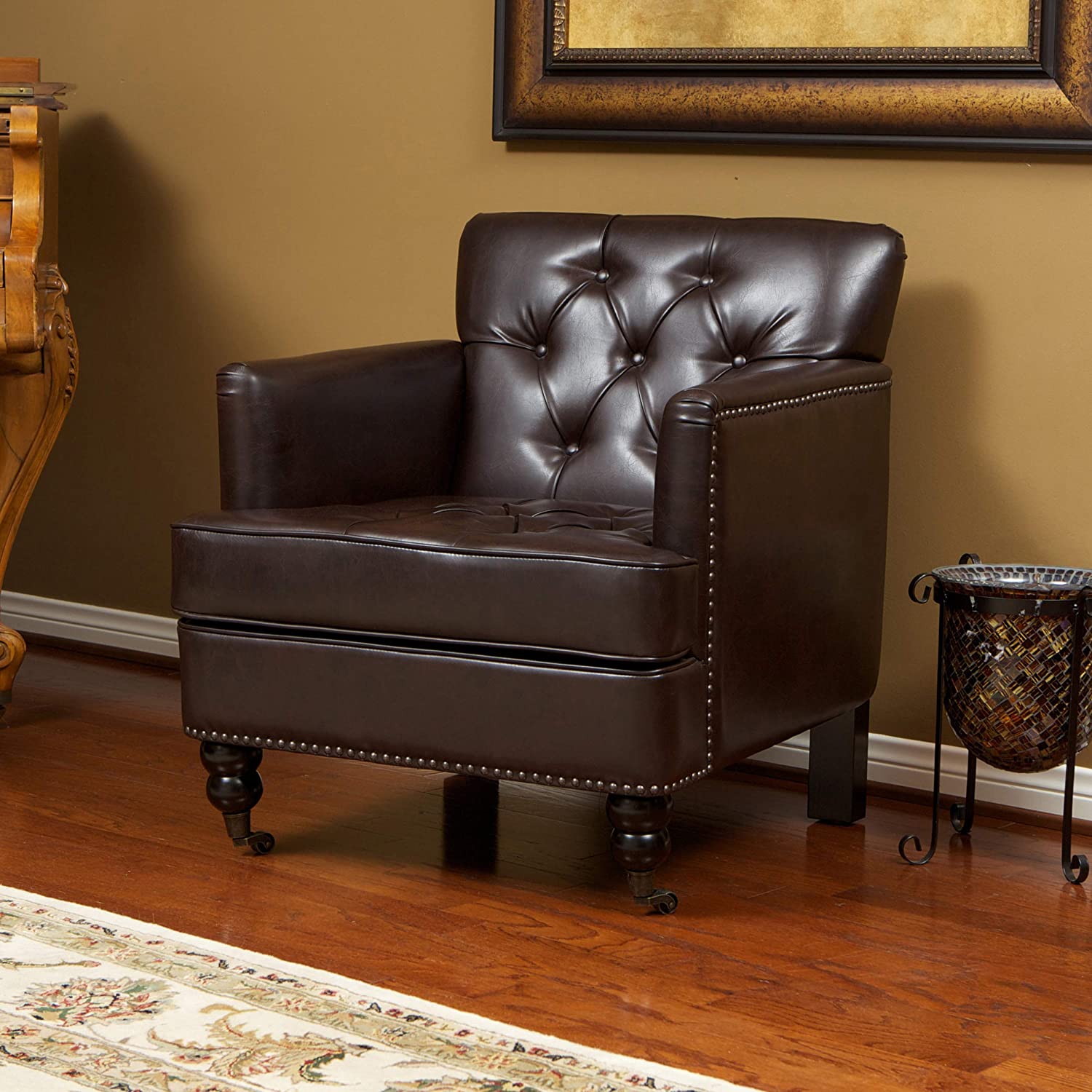 Wide Tufted Upholstery Club Chair with Arm Rest , Brown
