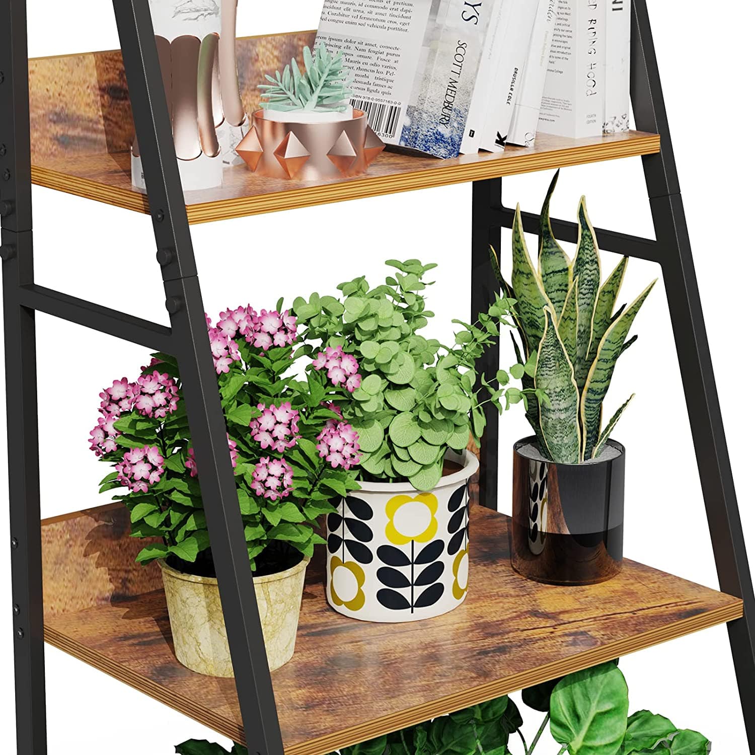 4-Tier Ladder Shelf, Wood Plant Flower Stand Storage Rack Shelf Steel Frame for Office and Home(Brown)