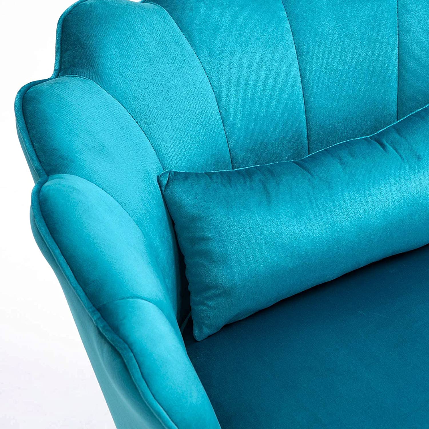 Azure Blue Velvet Chair with Lumbar Pillow for Bedroom, Accent Chair Mid Century Modern Vanity Chair for Living Room, Fabric Upholstered Arm Chair Guest Chair with Golden Metal Legs