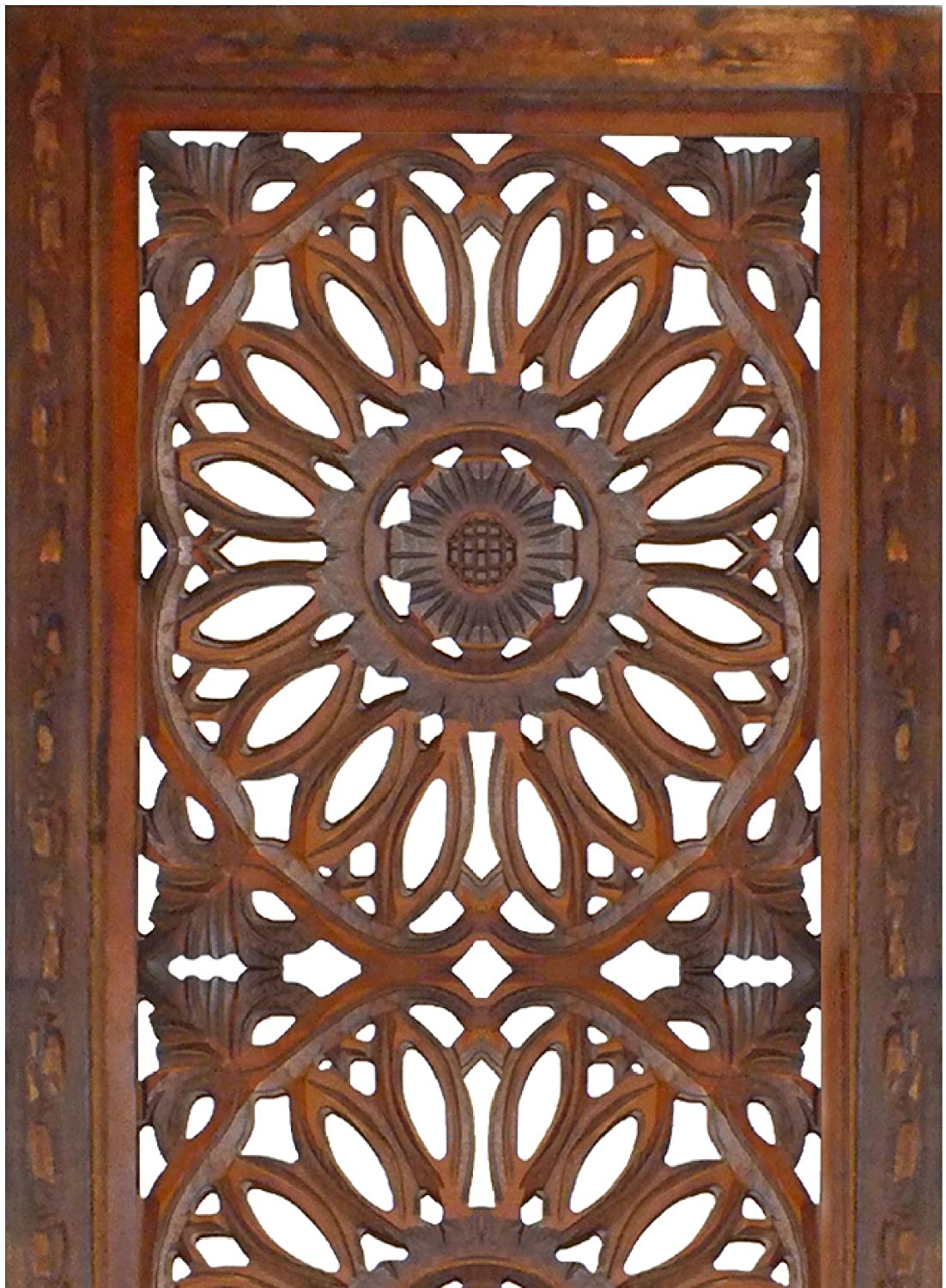 2 Piece Mango Wood Wall Panel Set with Mendallion Carving, Rectangle, Burnt Brown