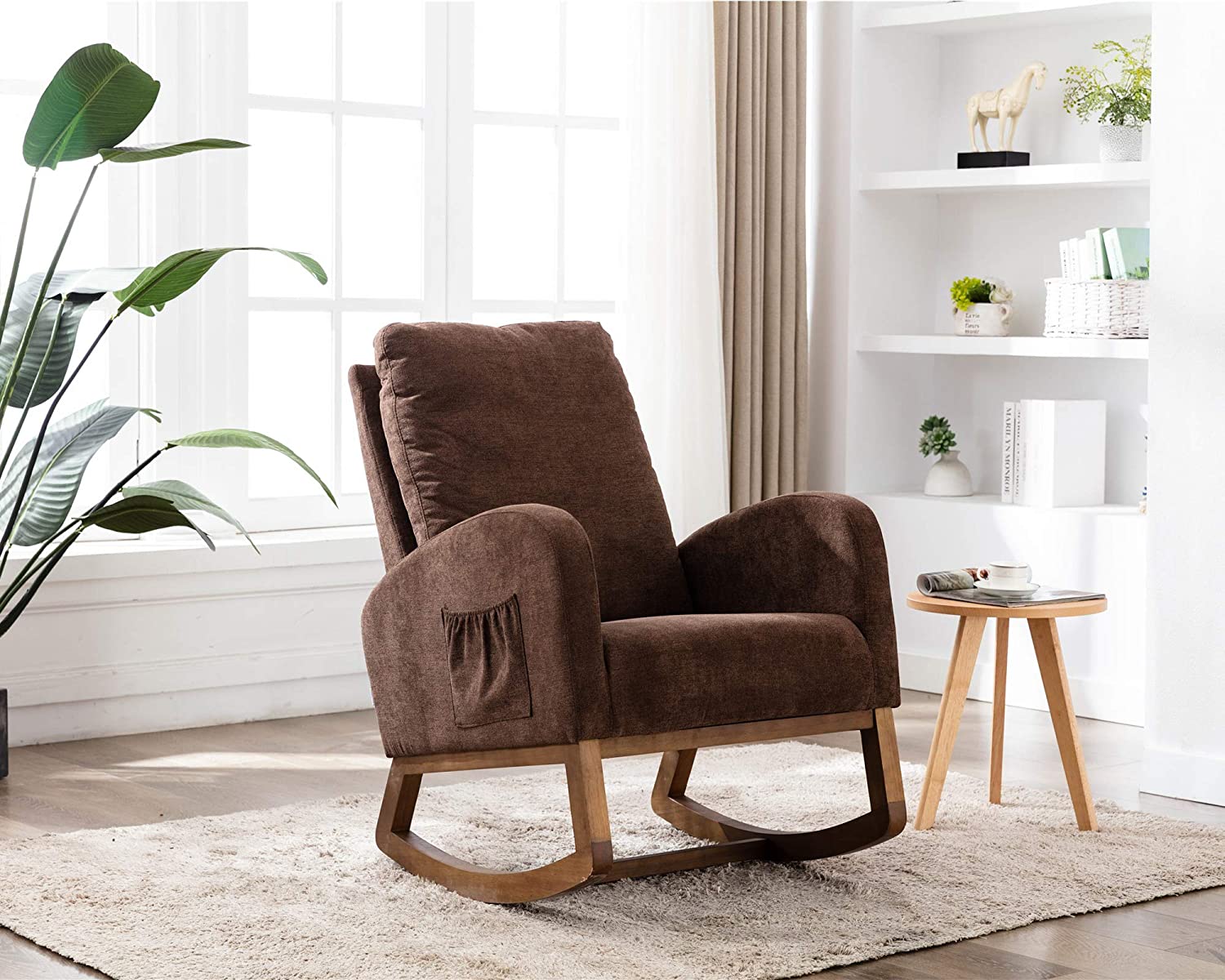 Rocking Chair Mid-Century Modern Nursery Rocking Armchair Upholstered Tall Back Accent Glider Rocker for Living Room