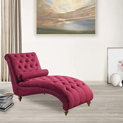 Upholstered Tufted Buttons Linen with Toss Pillow Chaise Lounge Chair Indoor for Bedrooom Living, Standard