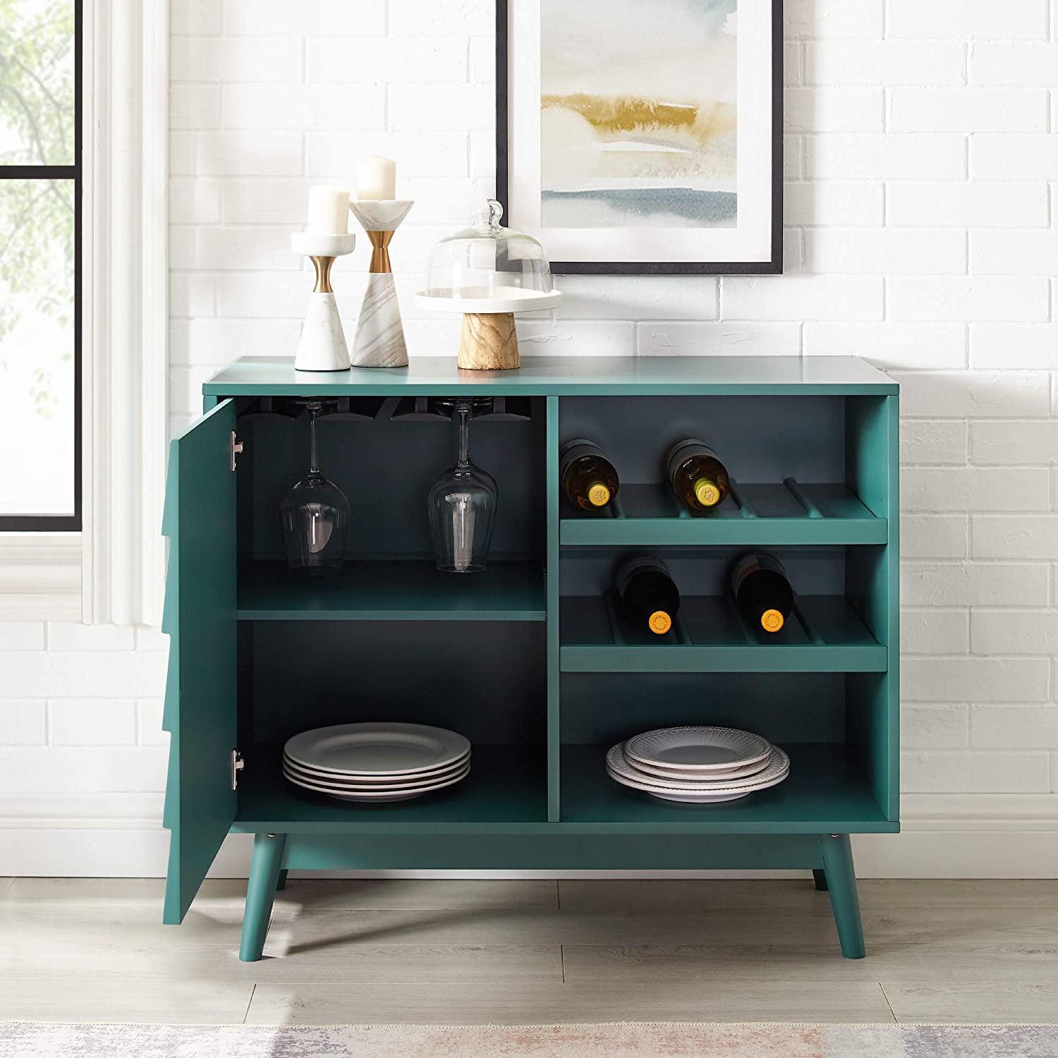 Mid-Century Modern Wood Kitchen Buffet Sideboard with Bottle Storage-Entryway Serving Wine Storage Doors-Dining Room Console Table