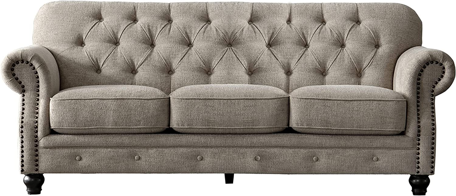 Mid Century Chesterfield Chenille Tufted Sofa With Scroll Arms For Liv