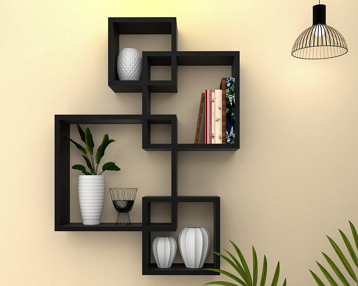 Wall Shelf Online - Wooden Wall Mounted Shelf Rack for Living Room Decor (Black) - Set of 4