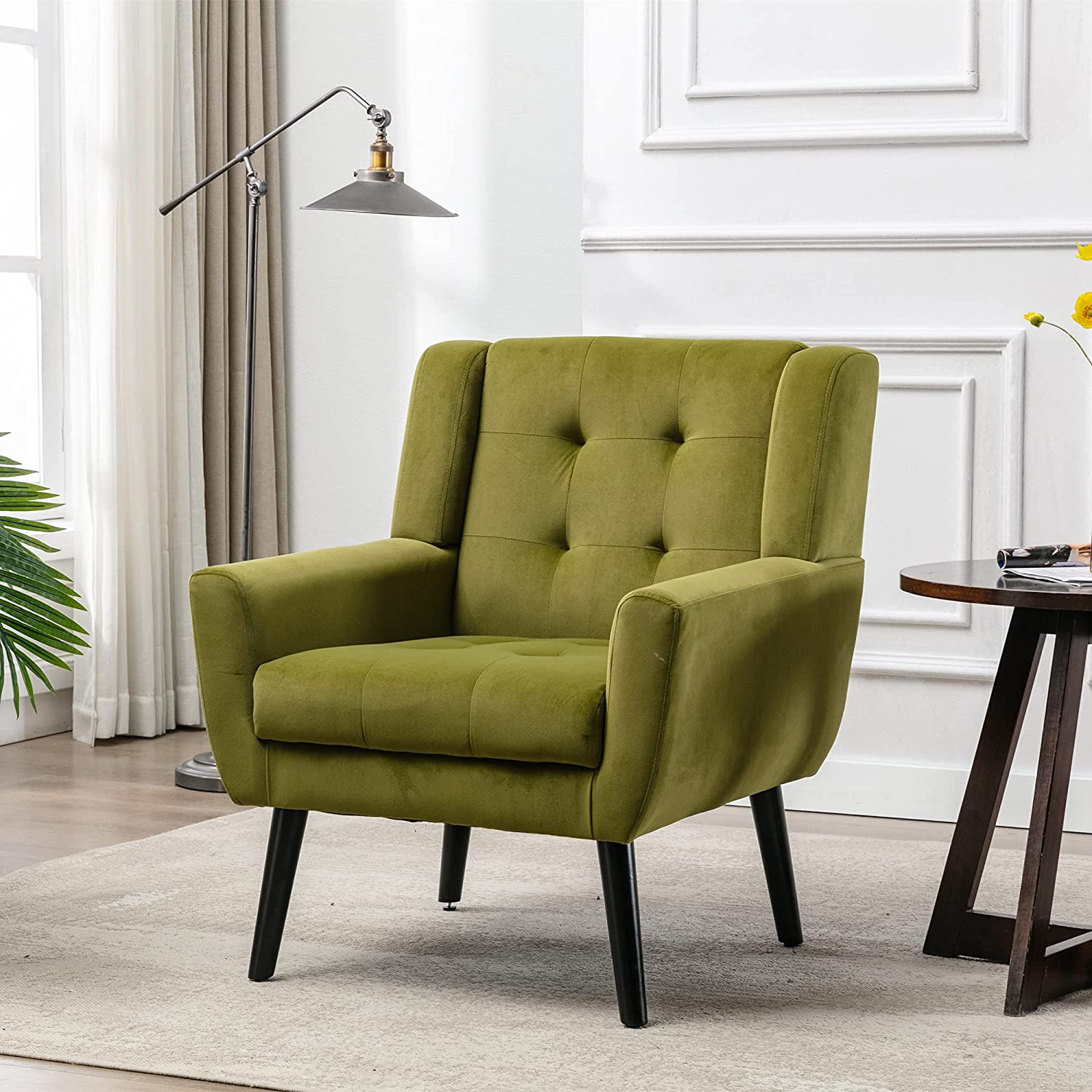 Modern Accent Chair with Arms, Upholstered Linen Fabric Reading Side Chair Tufted Back Decorative Wingback Chair for Living Room Bedroom