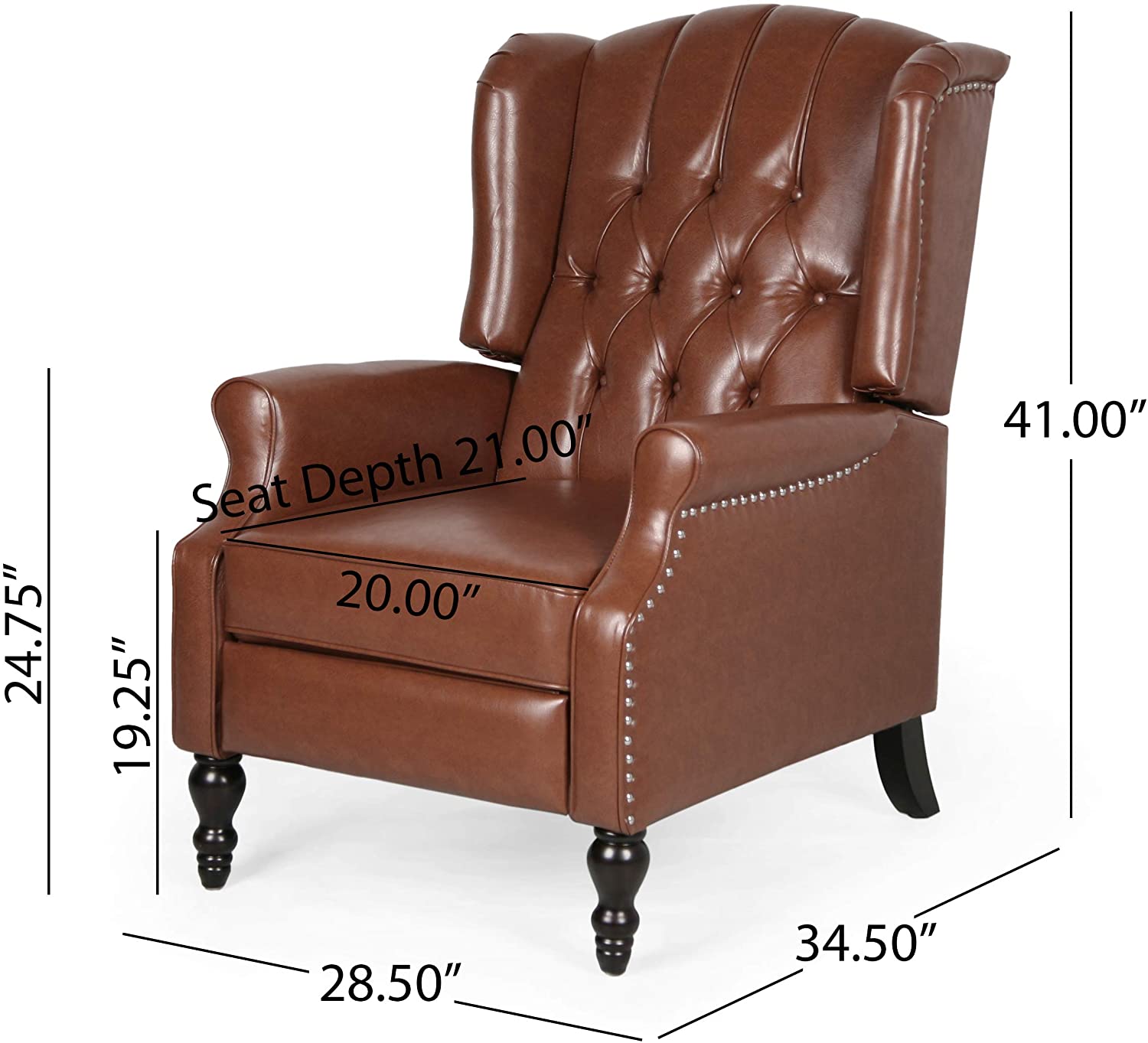 Contemporary Wide Tufted Recyliner Wooden Chair , Cognac Brown, Dark Brown