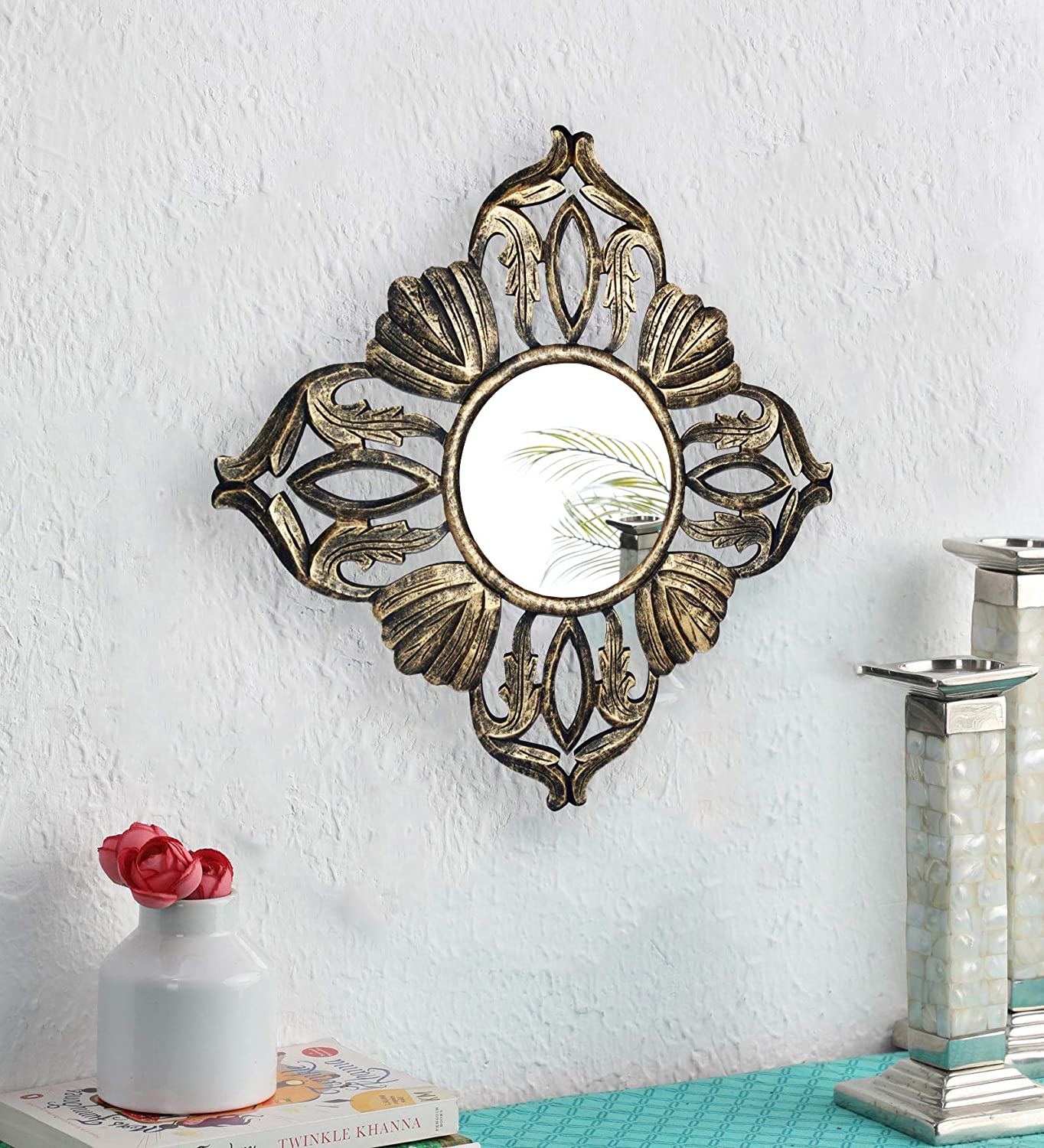 Wood Hand Crafted Square Antique Finished Vanity Wall Mirror for Living Room, 20X20 Inches (Gold)