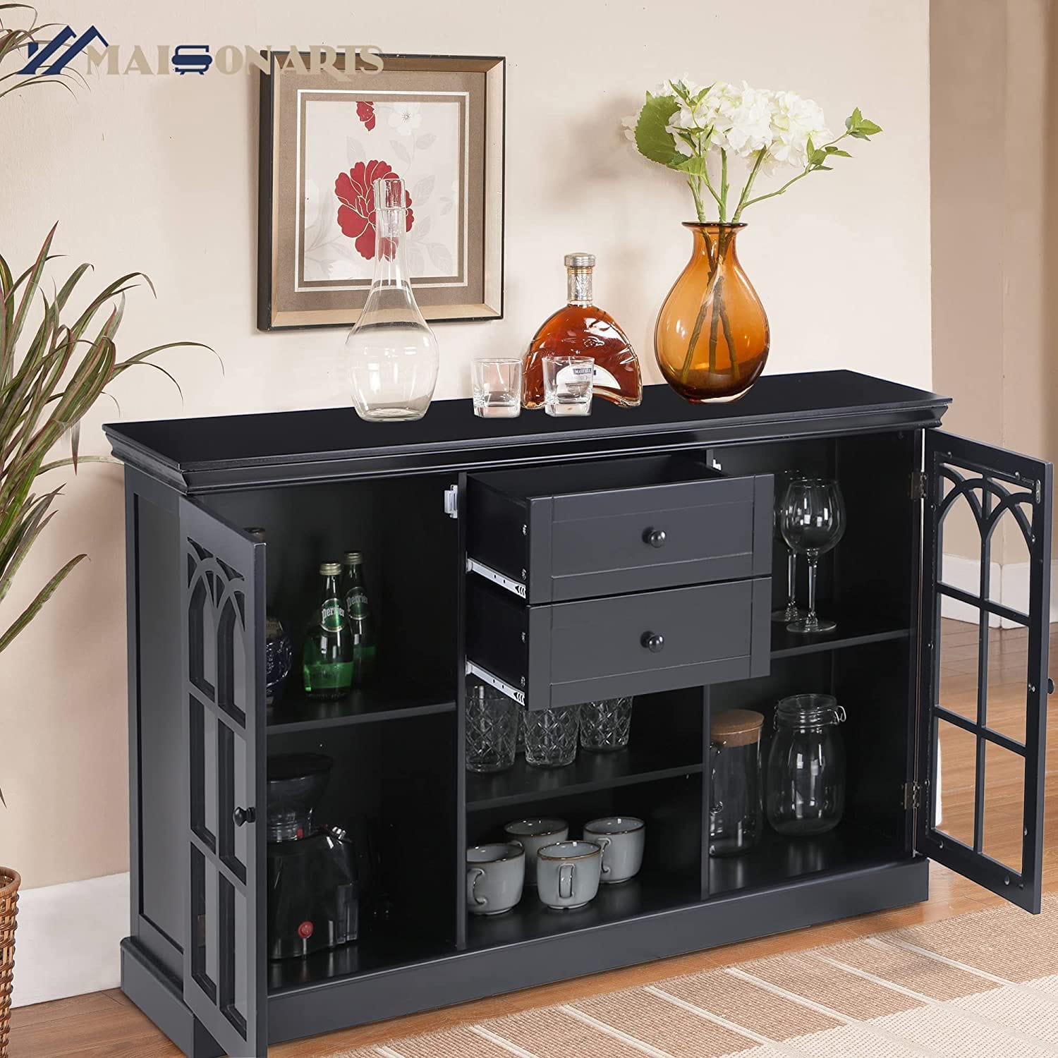 Sideboard Buffet Storage Cabinet with 2 Glass Doors & 2 Drawers Coffee Bar Modern Farmhouse Style Entryway Cabinet for Kitchen Dining Room Living Room, Black
