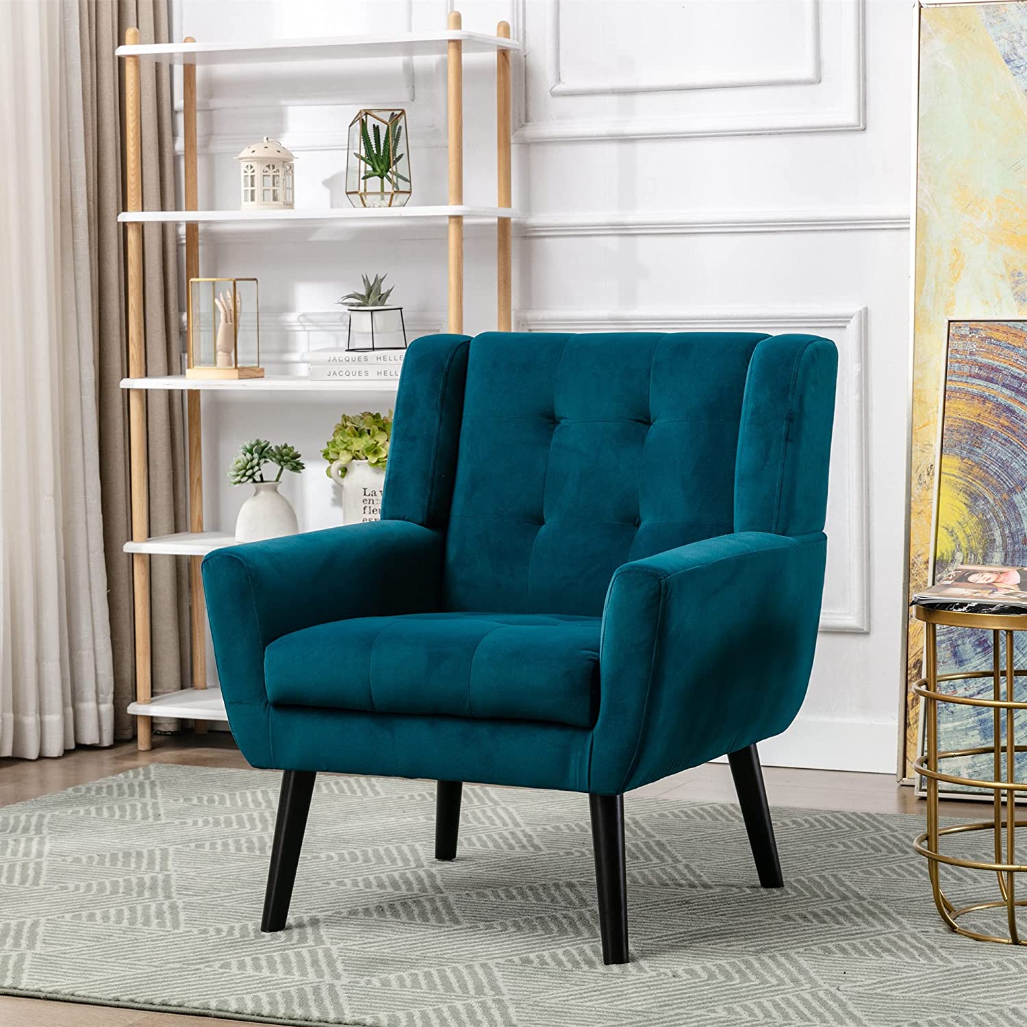 Modern Accent Chair with Arms, Upholstered Linen Fabric Reading Side Chair Tufted Back Decorative Wingback Chair for Living Room Bedroom