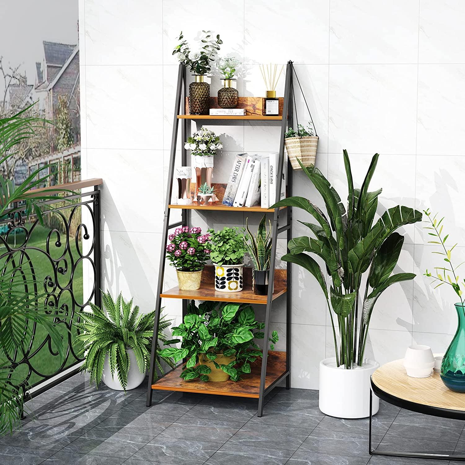 4-Tier Ladder Shelf, Wood Plant Flower Stand Storage Rack Shelf Steel