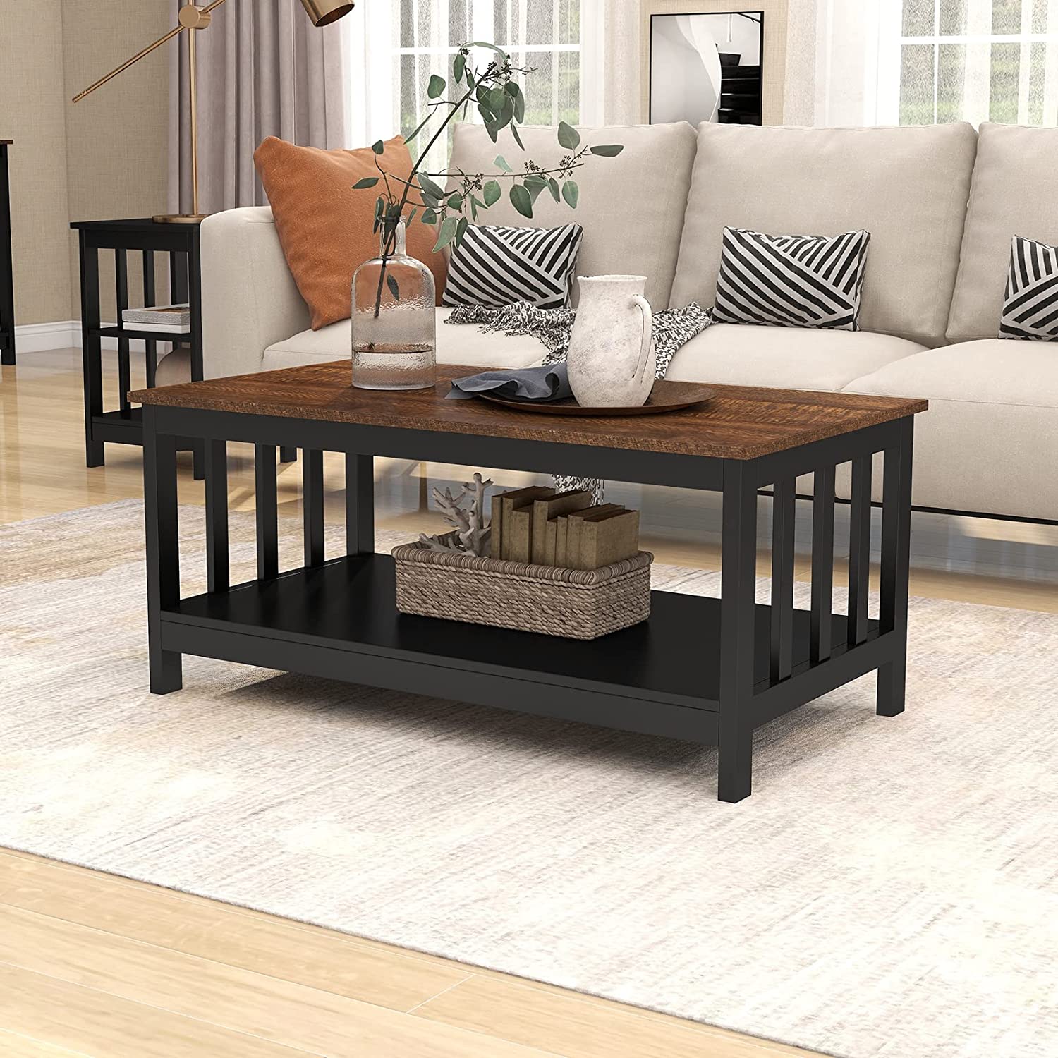 Wooden Coffee Table Living Room Table with Shelf,
