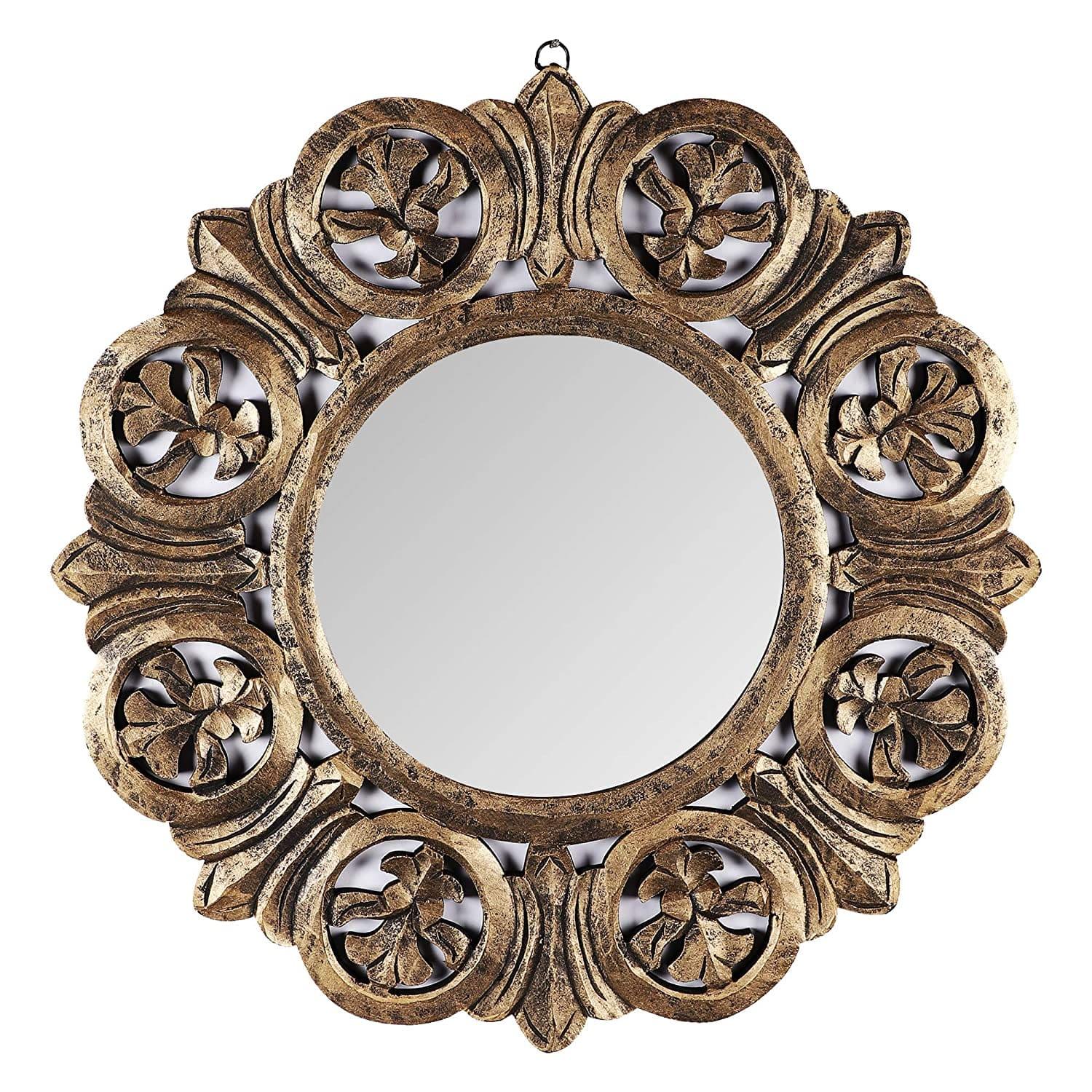 Decorative Hand Crafted Engineered Wooden Round Wall Mount Mirror Frame in Antique Gold Finish (Model: TUS-MR-50, Gold, Medium, 24 x24) - Ouch Cart 