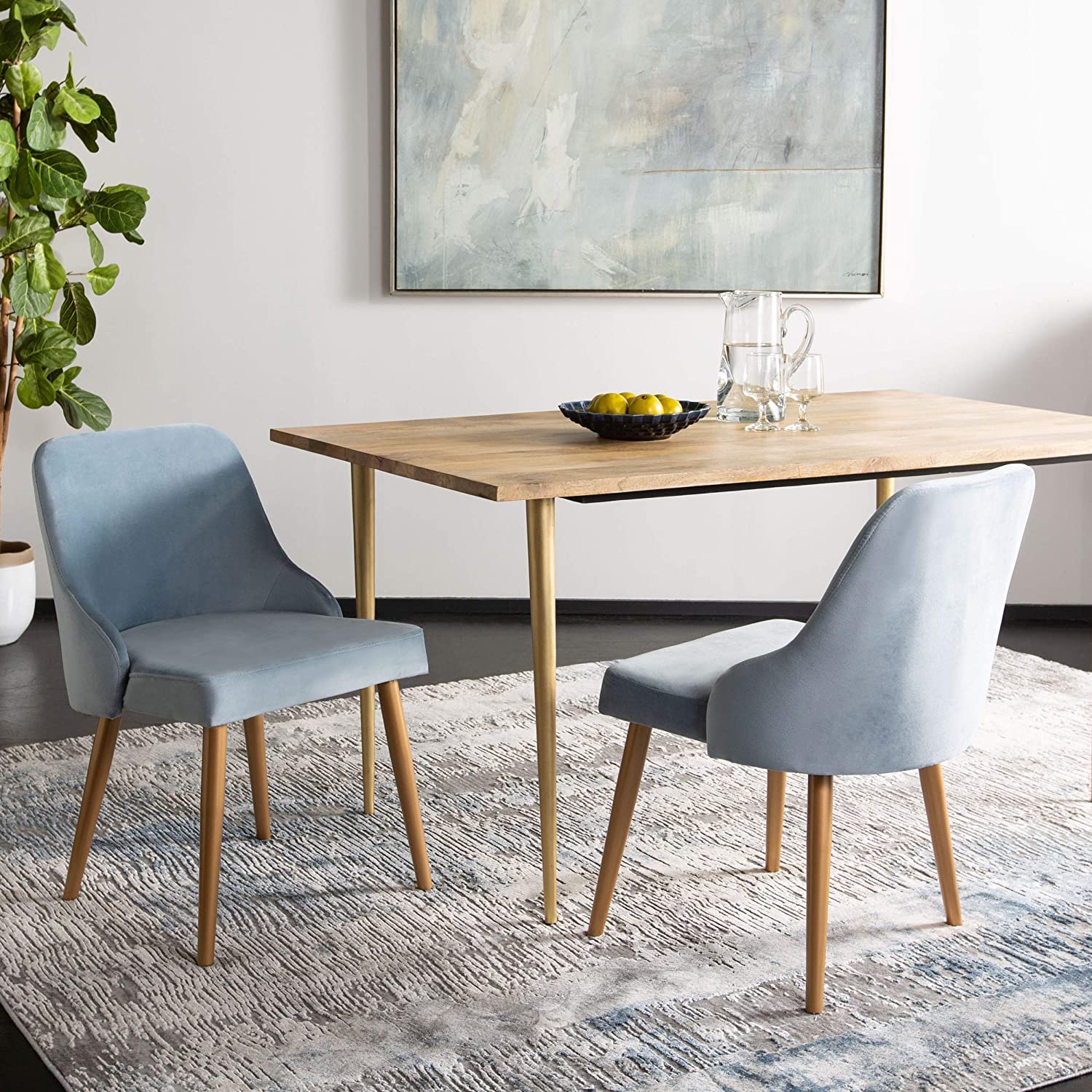 Lulu Mid-Century Slate Blue Velvet and Gold Dining Chair, Set of 2