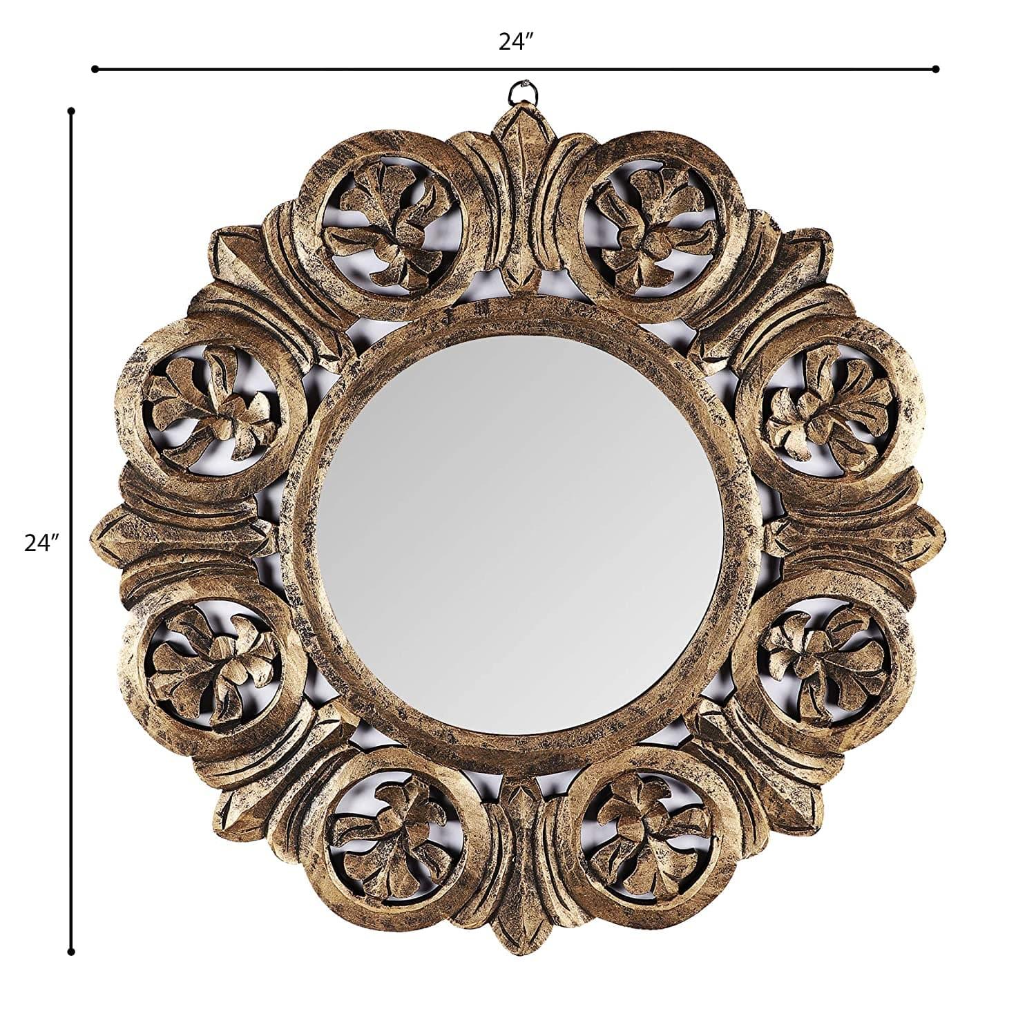 Decorative Hand Crafted Engineered Wooden Round Wall Mount Mirror Frame in Antique Gold Finish (Model: TUS-MR-50, Gold, Medium, 24 x24) - Ouch Cart 