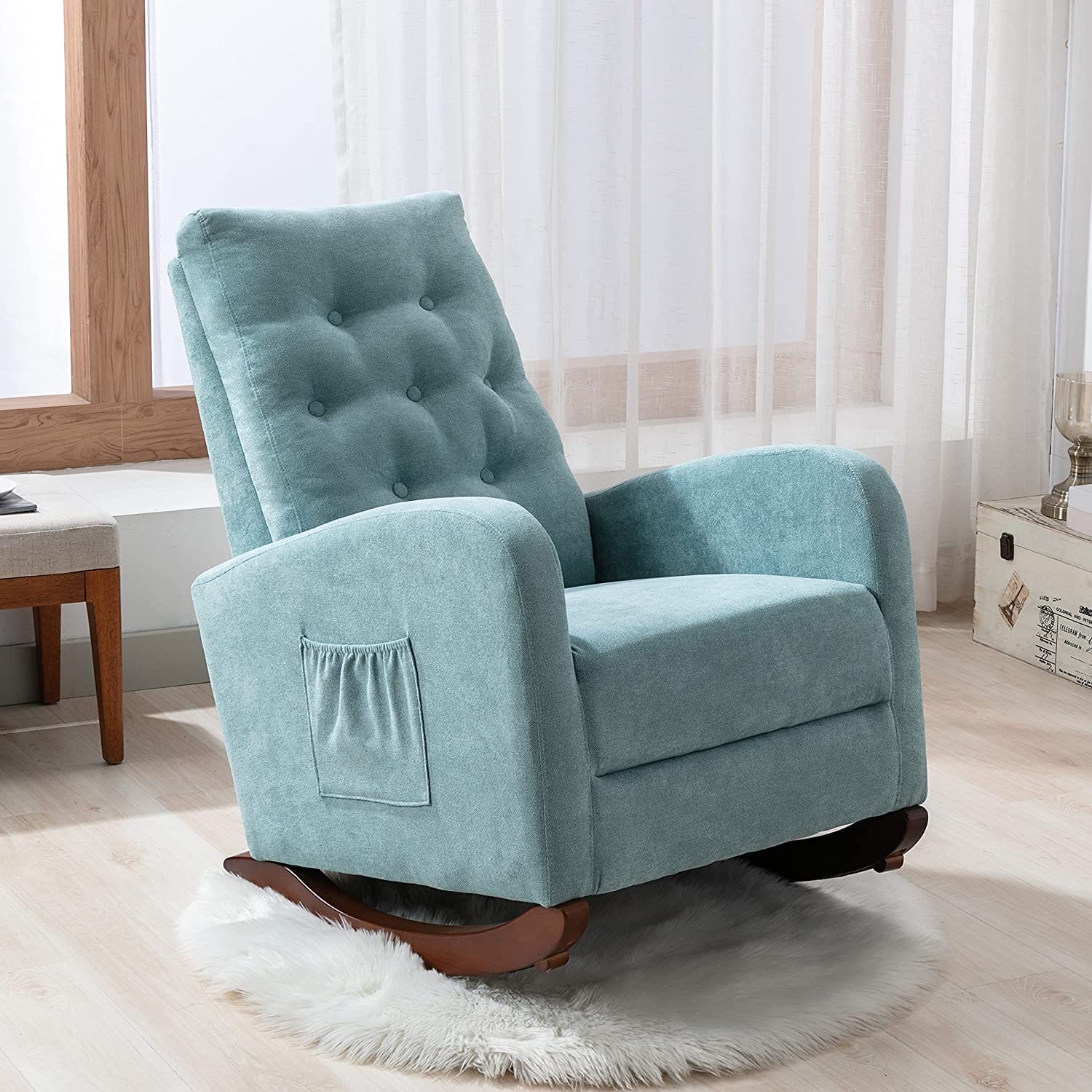 Rocking Chair Mid-Century Modern Nursery Rocking Armchair Upholstered Tall Back Accent Glider Rocker for Living Room