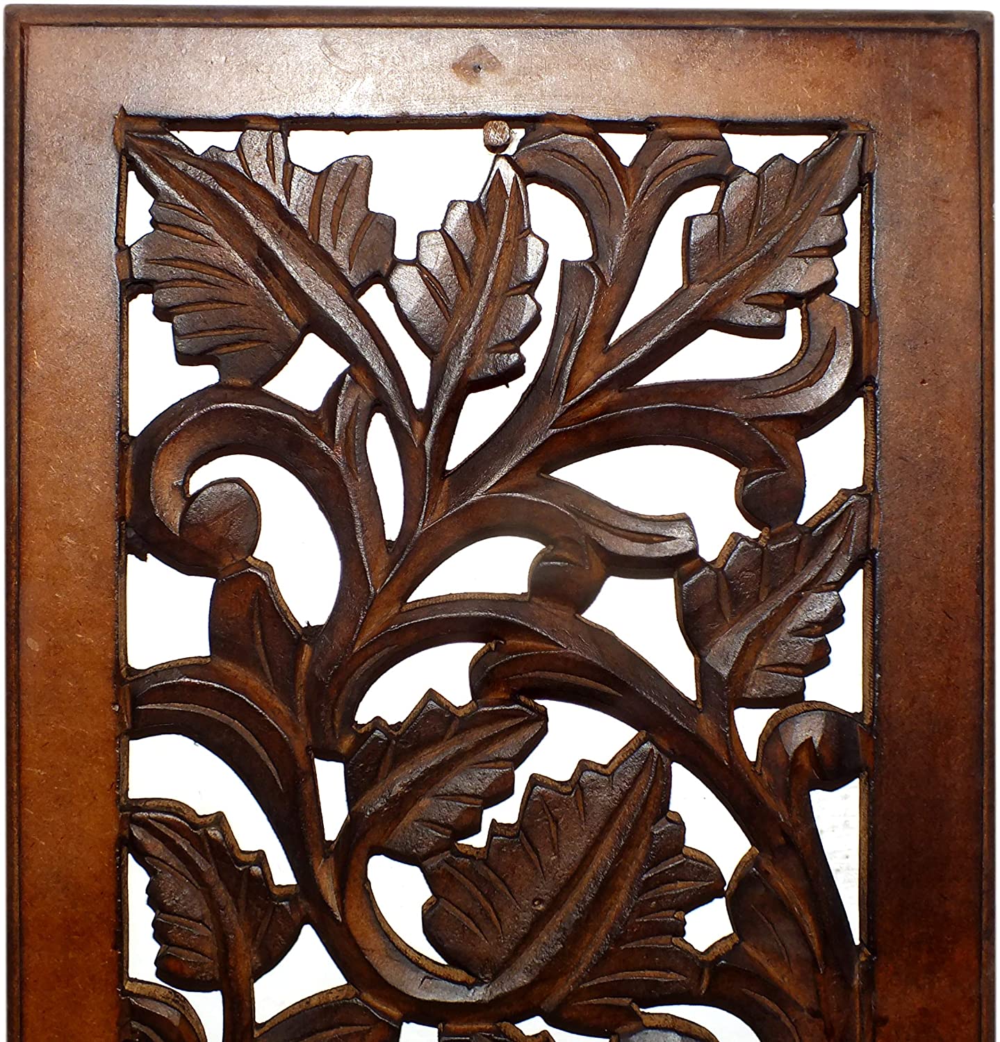 Mango Wood Wall Panel Hand Crafted with Leaves and Scroll Work Motif, Rectangle, Brown
