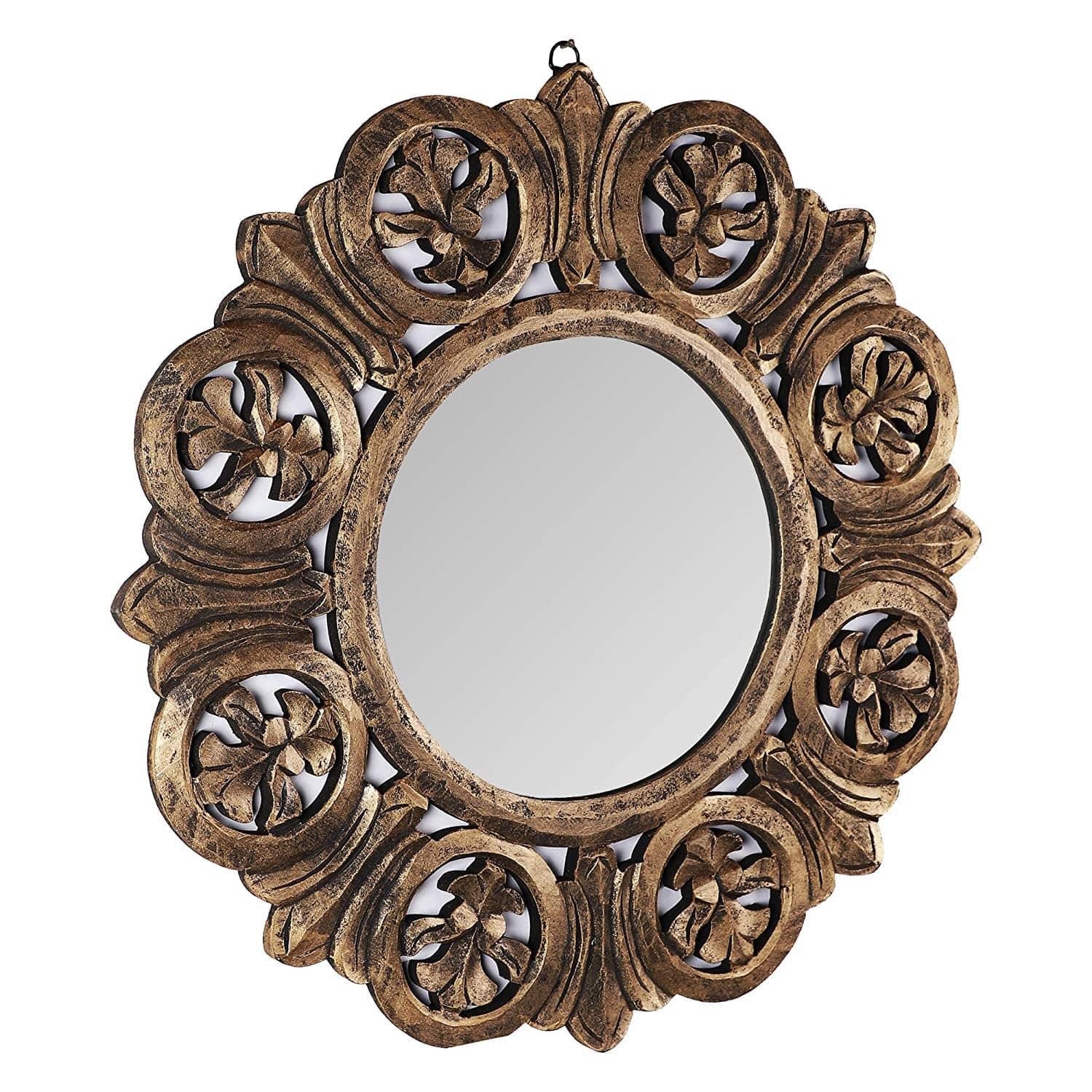 Decorative Hand Crafted Engineered Wooden Round Wall Mount Mirror Frame in Antique Gold Finish (Model: TUS-MR-50, Gold, Medium, 24 x24) - Ouch Cart 