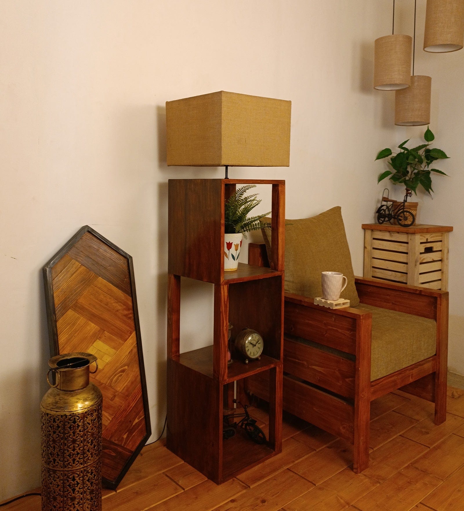 Agnes Wooden Floor Lamp with Brown Base and Jute Fabric Lampshade (BULB NOT INCLUDED)