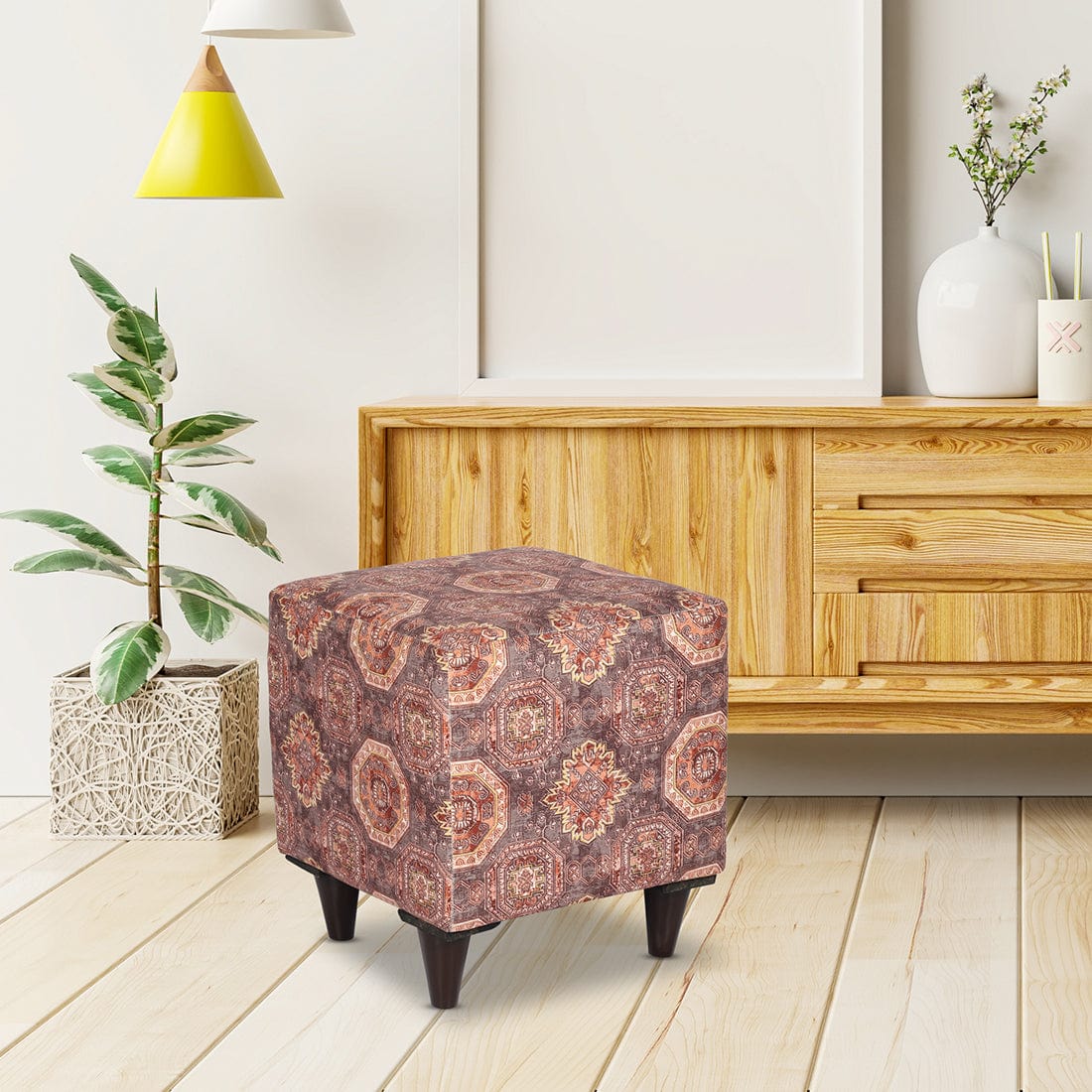 DOE BUCK SQUARE PRINTED OTTOMAN WITH WOODEN LEG