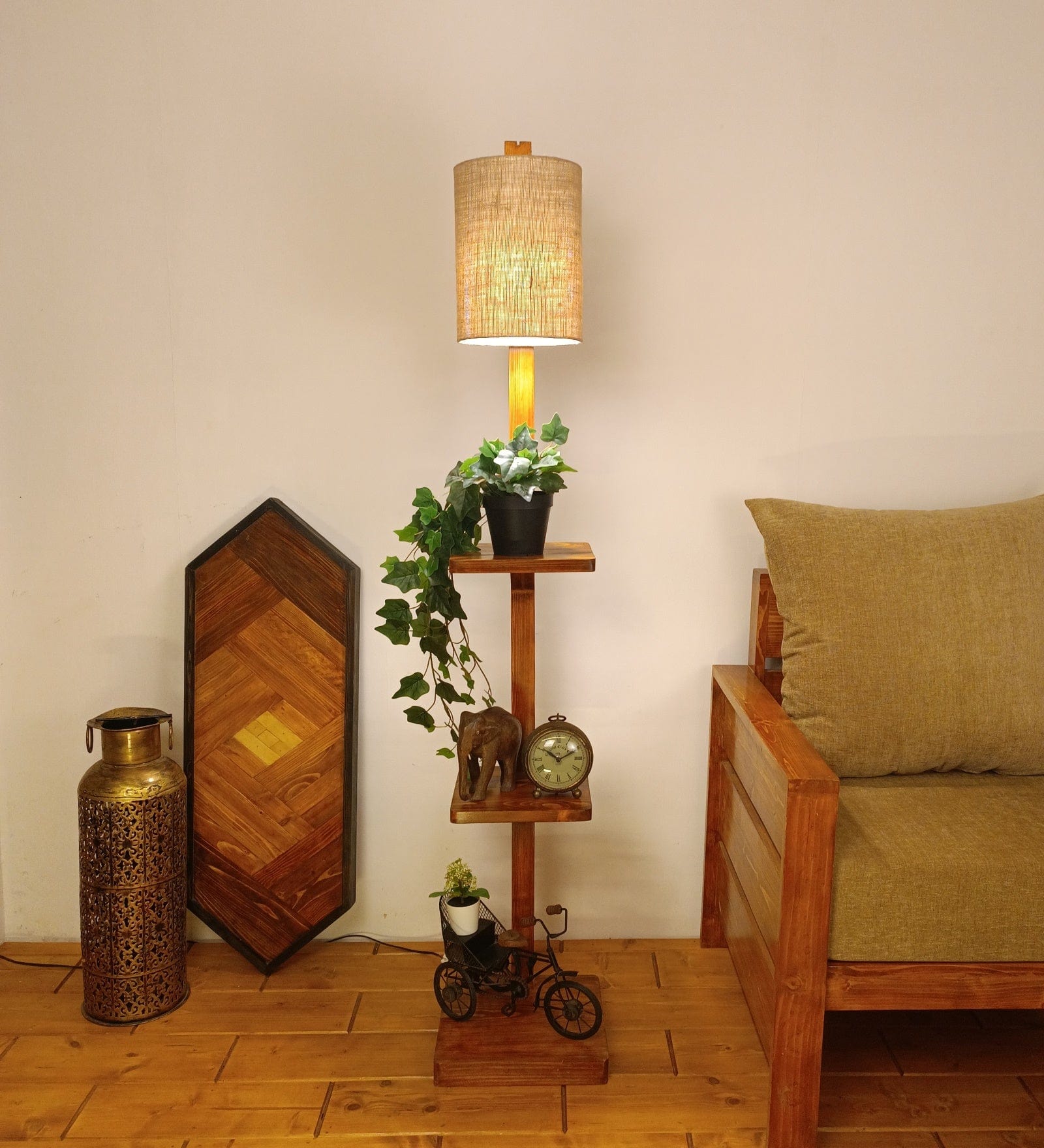 Andre Wooden Floor Lamp with Brown Base and Jute Fabric Lampshade (BULB NOT INCLUDED)