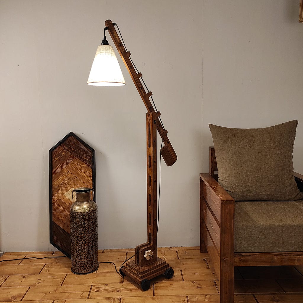 Angler Wooden Floor Lamp with Brown Base and Jute Fabric Lampshade (BULB NOT INCLUDED)