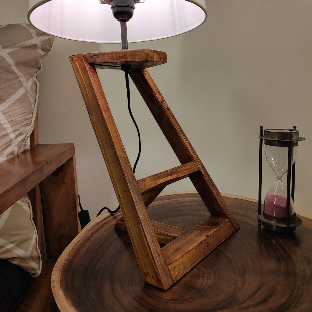 Angular Wooden Table Lamp with Brown Base and Premium White Fabric Lampshade (BULB NOT INCLUDED)
