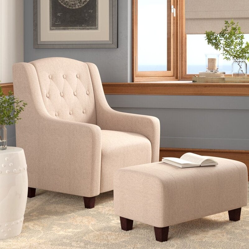 Wide Tufted Linen Armchair and Ottoman