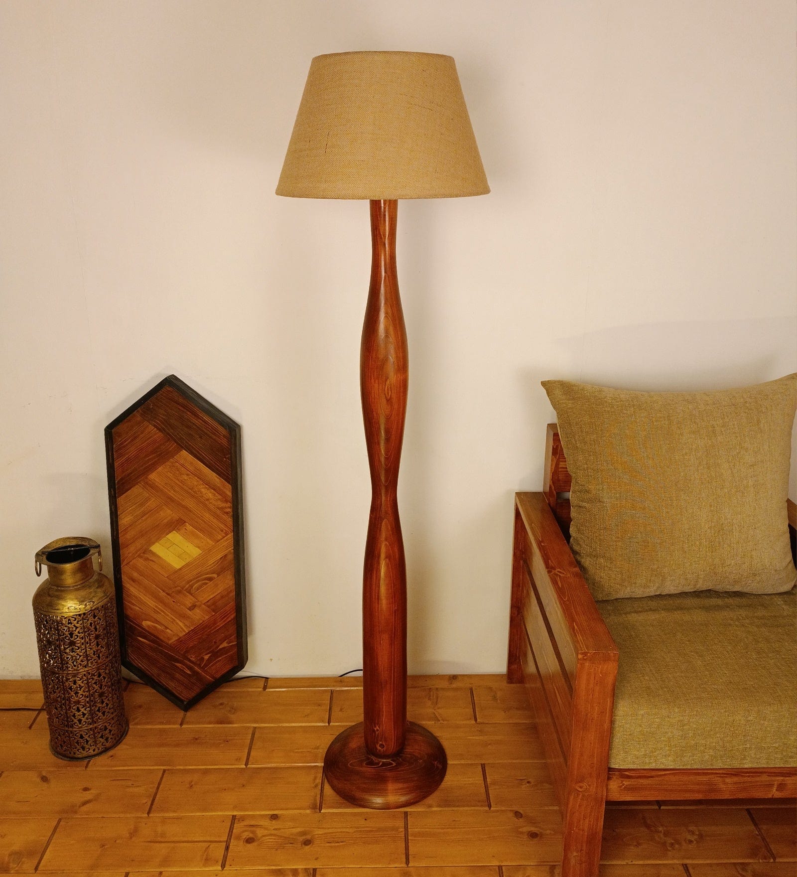 Aristro Wooden Floor Lamp with Brown Base and Jute Fabric Lampshade (BULB NOT INCLUDED)