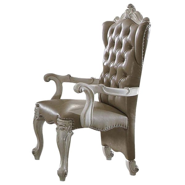 Wooden Antique Upholstered  Arm Chair White And Gray