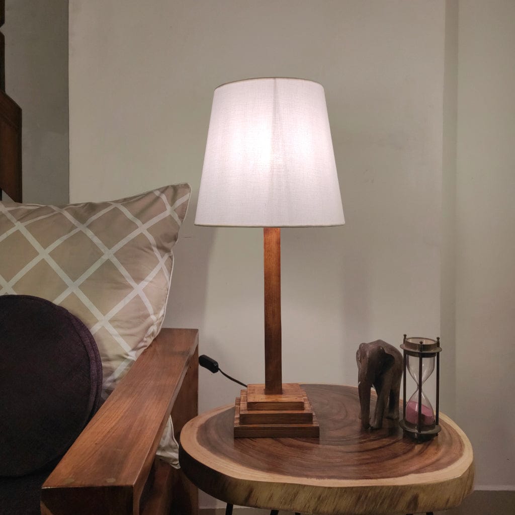 Babel Wooden Table Lamp with Brown Base and Premium White Fabric Lampshade (BULB NOT INCLUDED)