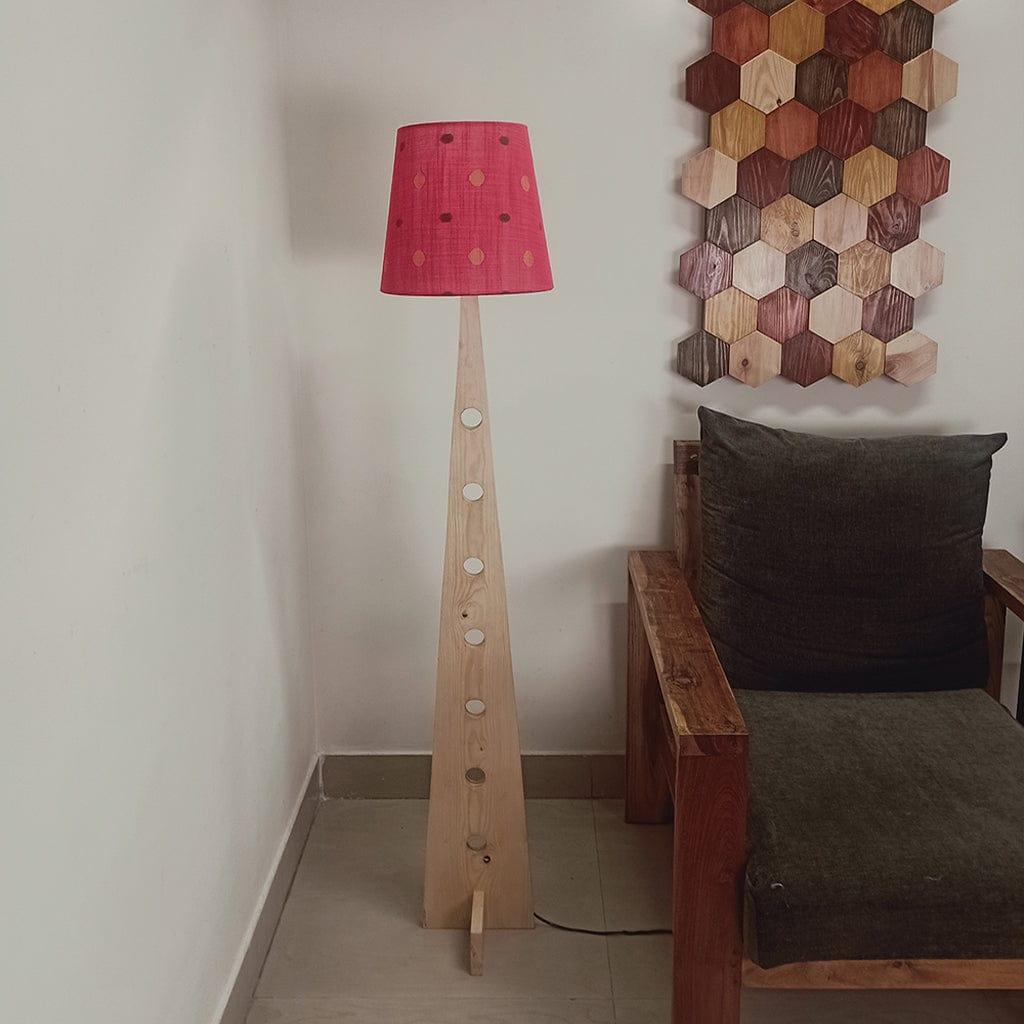 Bevel Wooden Floor Lamp with Beige Base and Red Printed Fabric Lampshade - Ouch Cart 