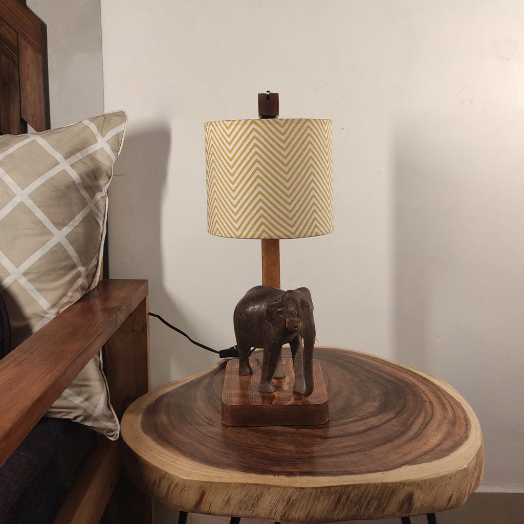 Elementary Wooden Table Lamp with Brown Base and Premium Yellow Fabric Lampshade (BULB NOT INCLUDED)