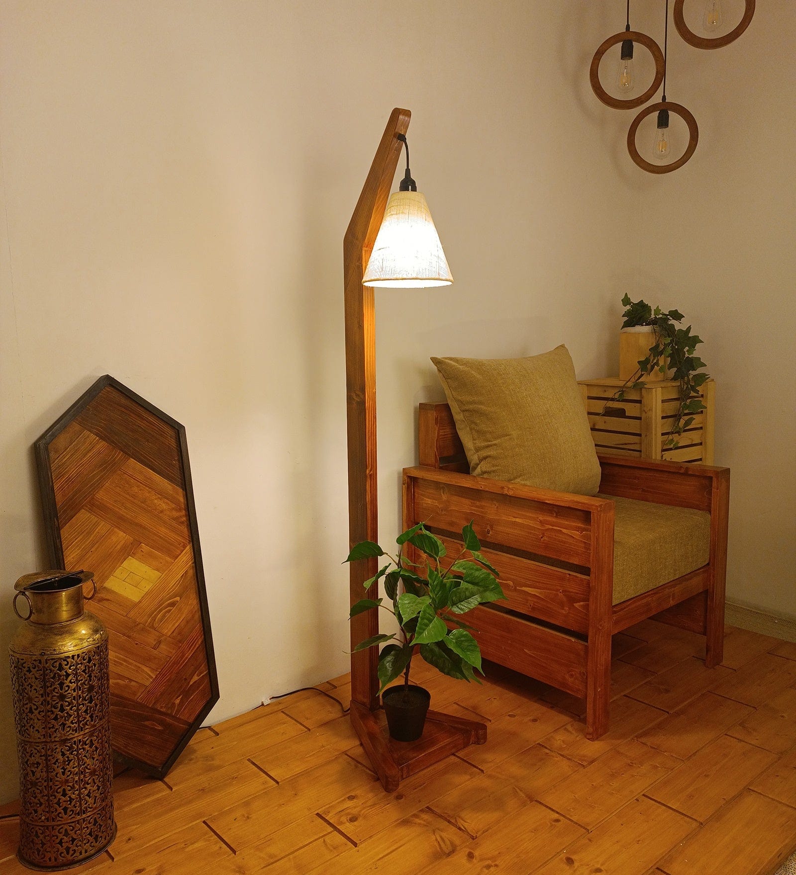 Charles Wooden Floor Lamp with Brown Base and Jute Fabric Lampshade (BULB NOT INCLUDED)