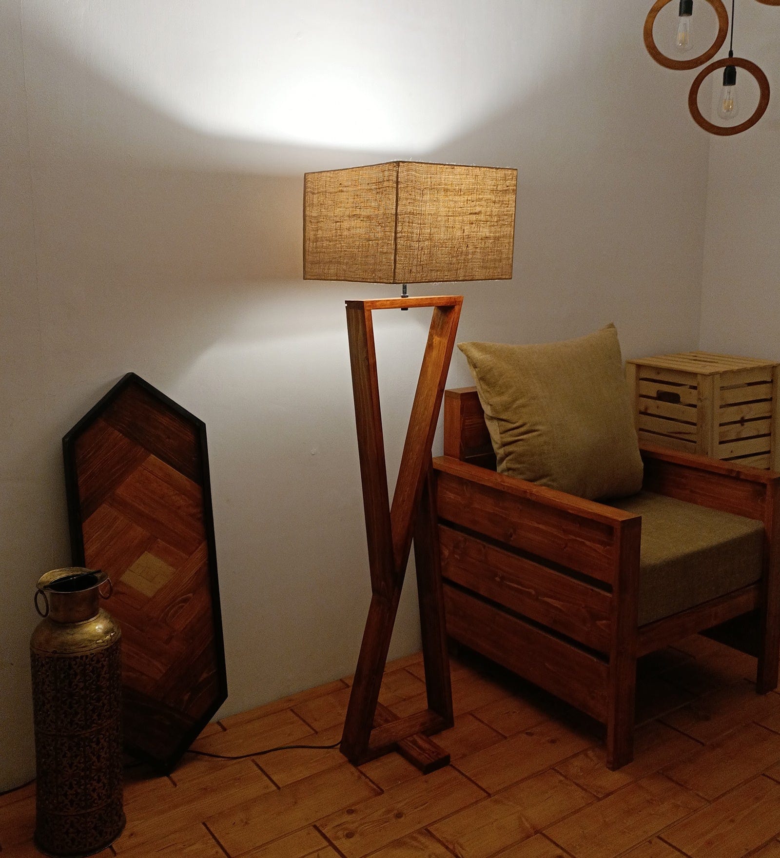 Chloe Wooden Floor Lamp with Brown Base and Jute Fabric Lampshade (BULB NOT INCLUDED)