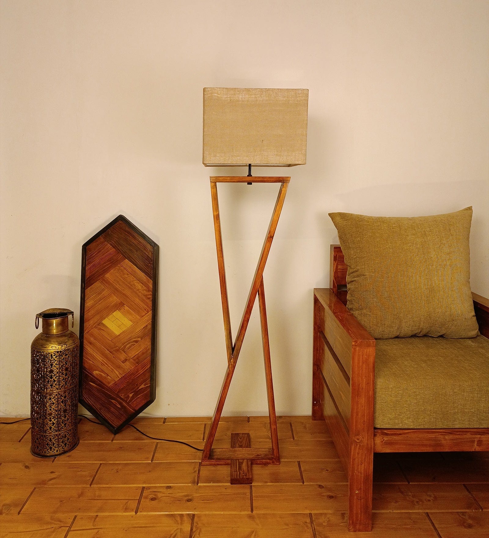 Chloe Wooden Floor Lamp with Brown Base and Jute Fabric Lampshade (BULB NOT INCLUDED)