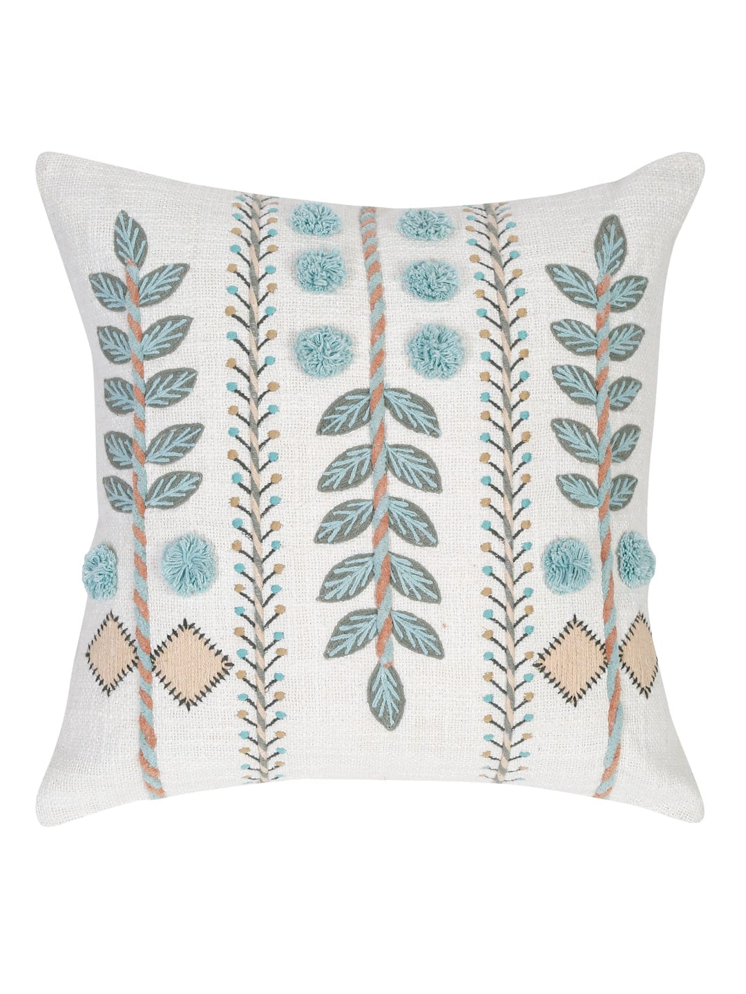 Set of 2 White & Aqua Cotton Embroidered Square Cushion Covers (18x18 Inch)