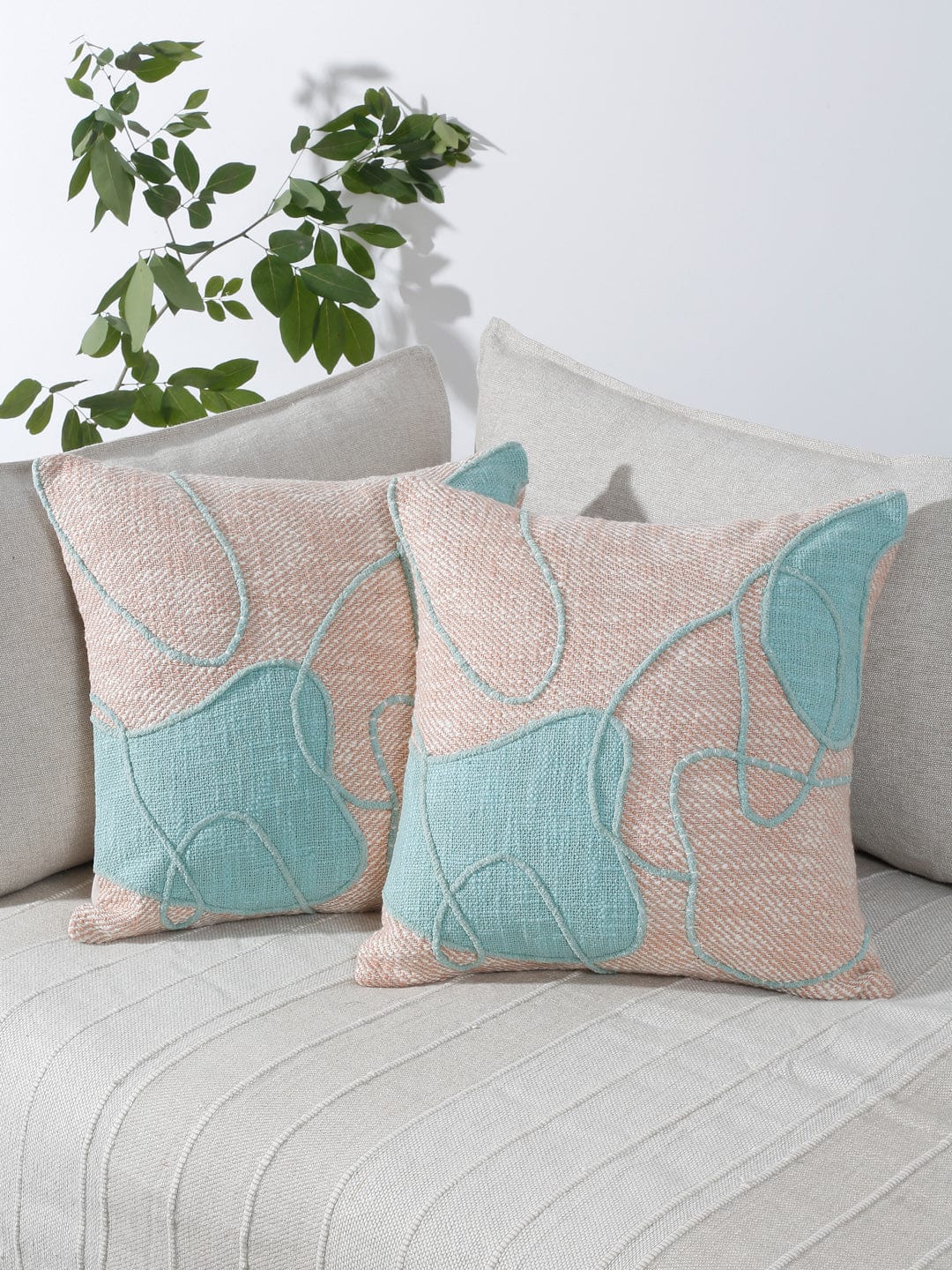 Peach-Coloured & White 2 Pieces Cotton Quirky Square Cushion Covers