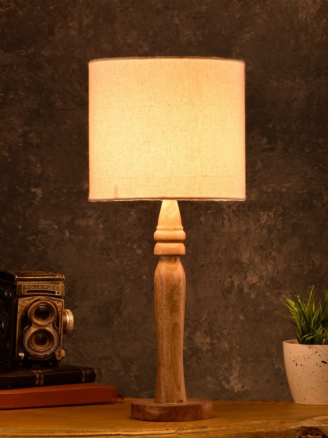 Round Brown Lamp with Taper Off White Cotton Shade