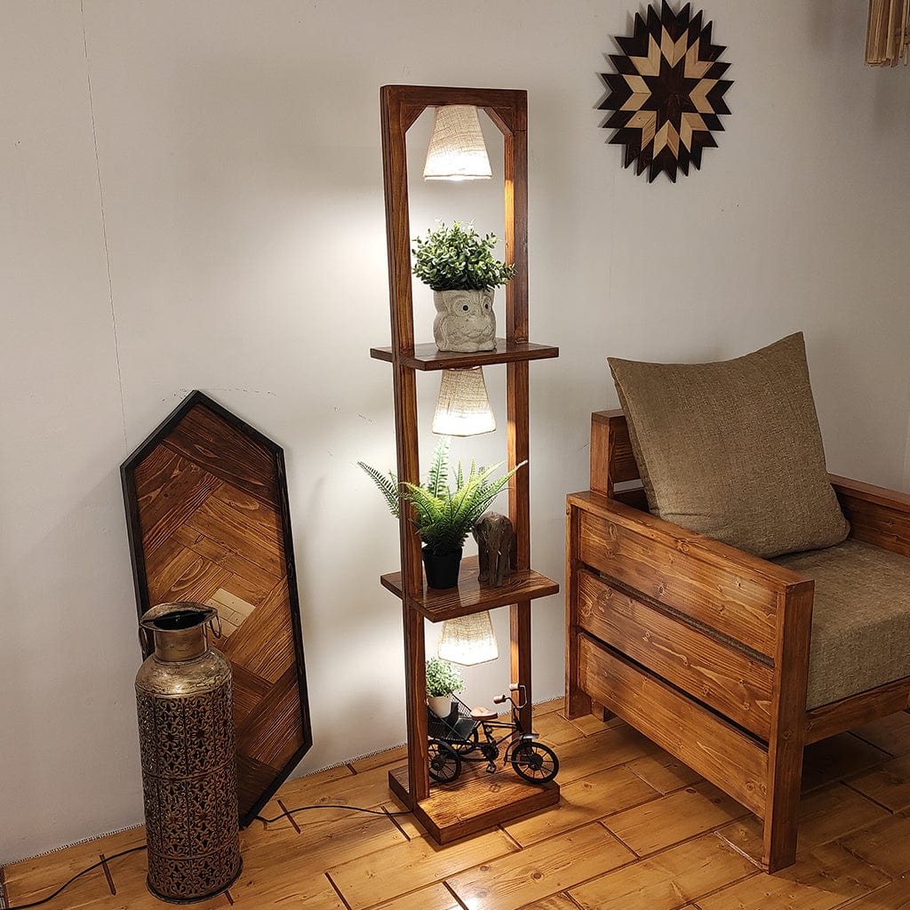 Daffodil Wooden Floor Lamp with Brown Base and Jute Fabric Lampshade (BULB NOT INCLUDED)