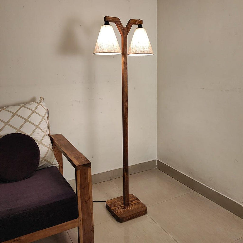 Elania-Brown-Wooden-Floor-Lamp-2.jpg Elania Wooden Floor Lamp with Brown Base and Beige Fabric Lampshade (BULB NOT INCLUDED) - Image 1
