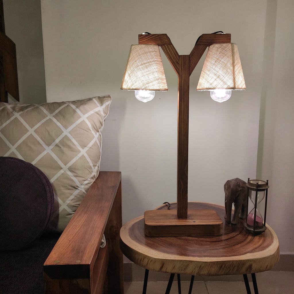 Elania Wooden Table Lamp with Brown Base and Premium White Fabric Lampshade (BULB NOT INCLUDED)
