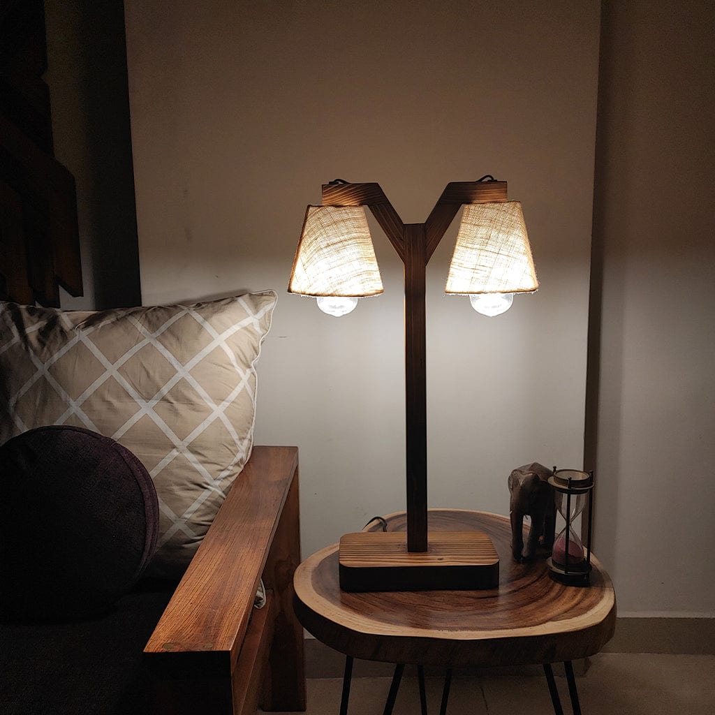 Elania Wooden Table Lamp with Brown Base and Premium White Fabric Lampshade (BULB NOT INCLUDED)