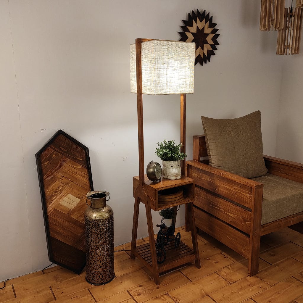 Gabrielle Wooden Floor Lamp with Brown Base and Jute Fabric Lampshade (BULB NOT INCLUDED)