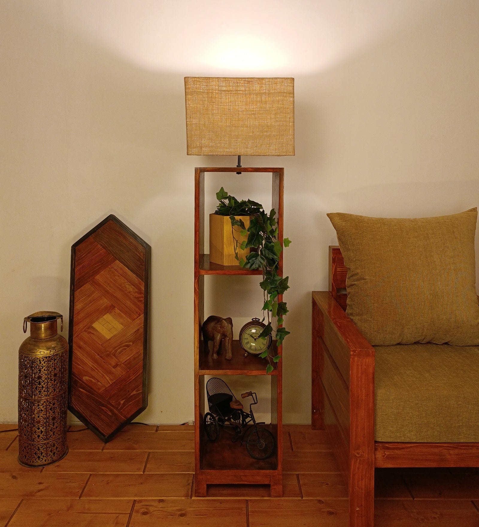 Genevieve Wooden Floor Lamp with Brown Base and Jute Fabric Lampshade (BULB NOT INCLUDED)